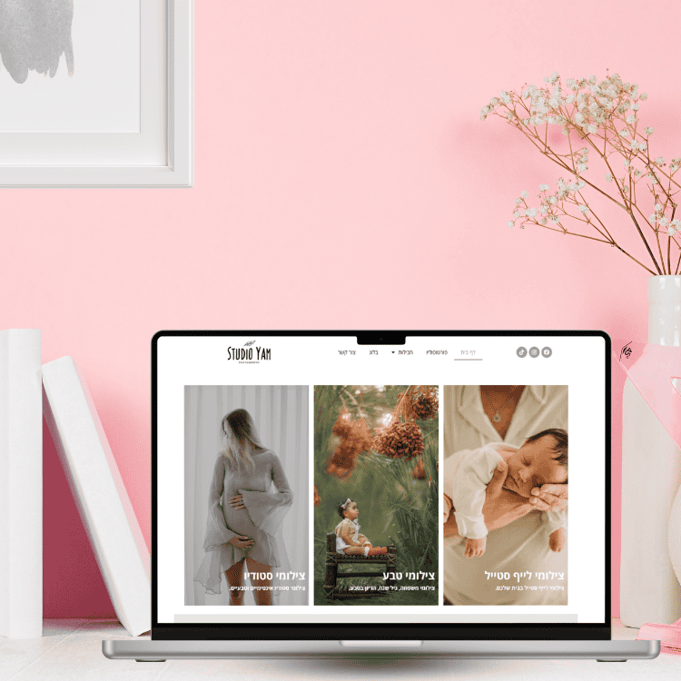 מוקאפ לסטודיו ים, שולחן עבודה עם ספרים, עציץ לפטופ